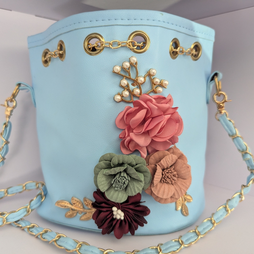 Floral Embellished Blue Bucket Bag
